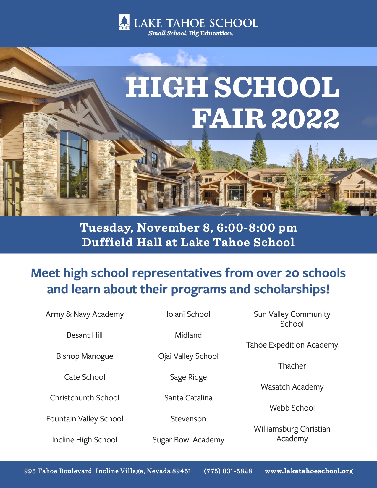 2022 High School Fair Tuesday, November 8 Lake Tahoe School