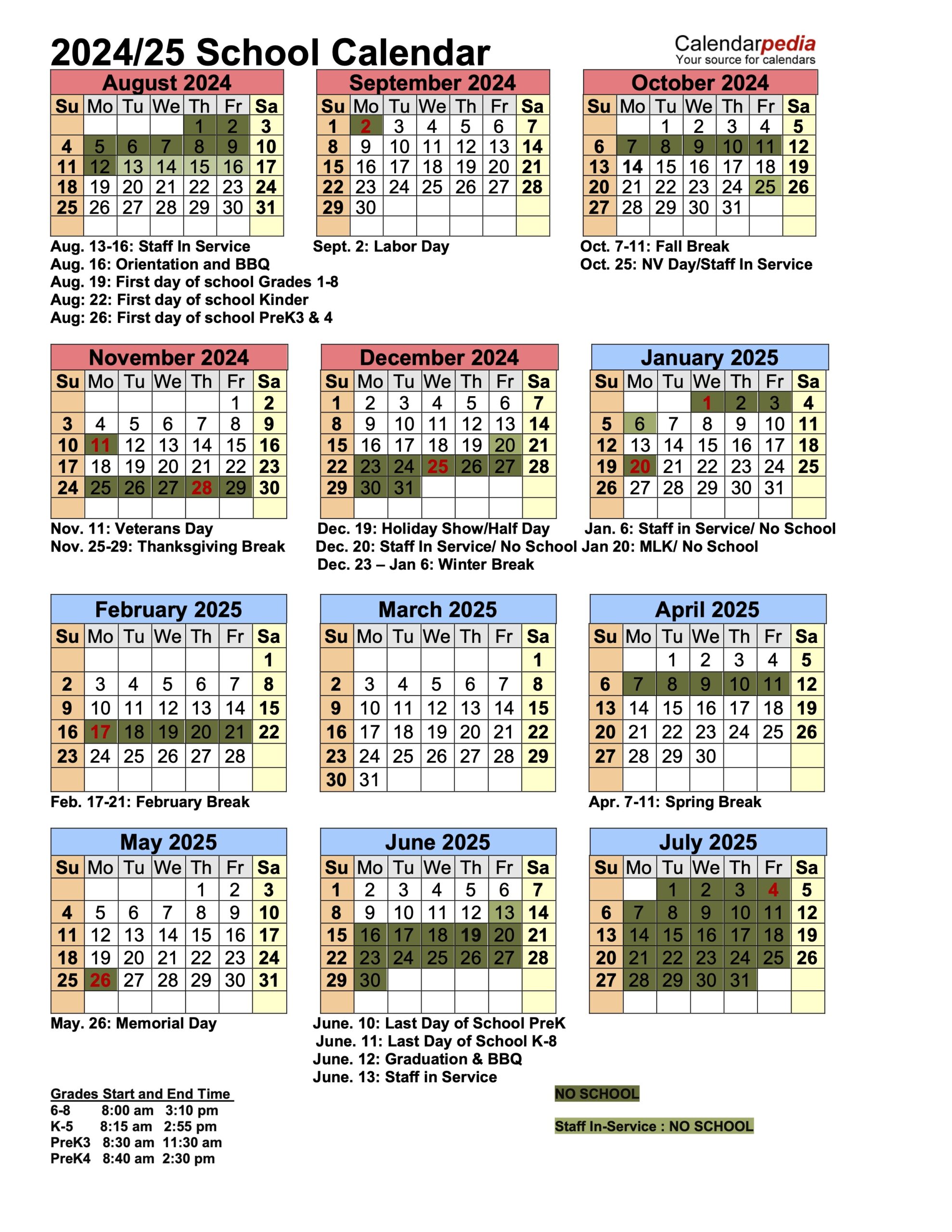 2024-2025 School Calendar - Lake Tahoe School